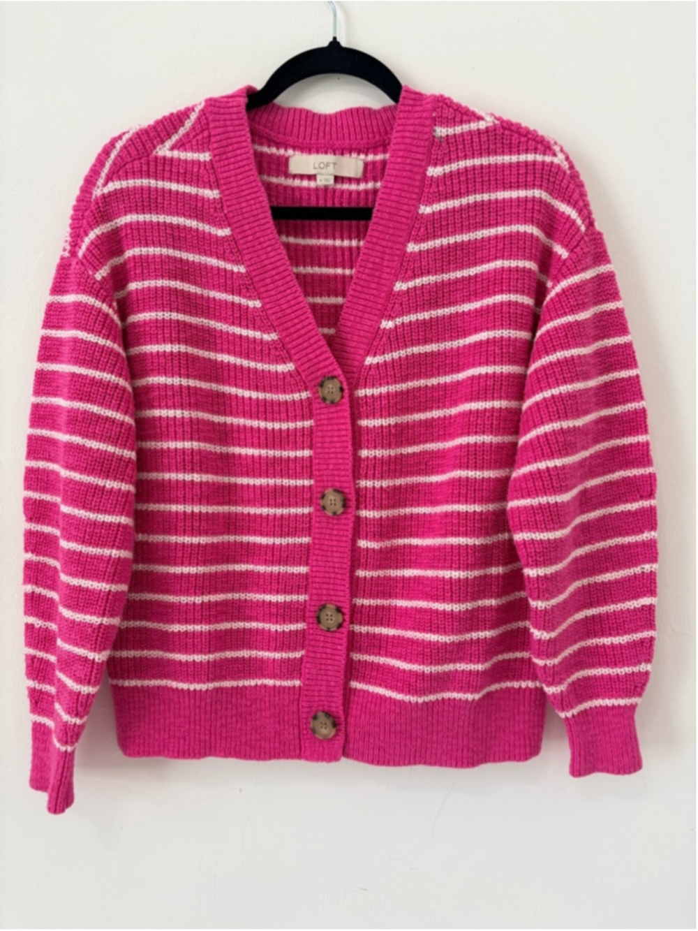 LOFT Chunky Cardigan Sweater Button Front Sz M Pink White Striped EUC